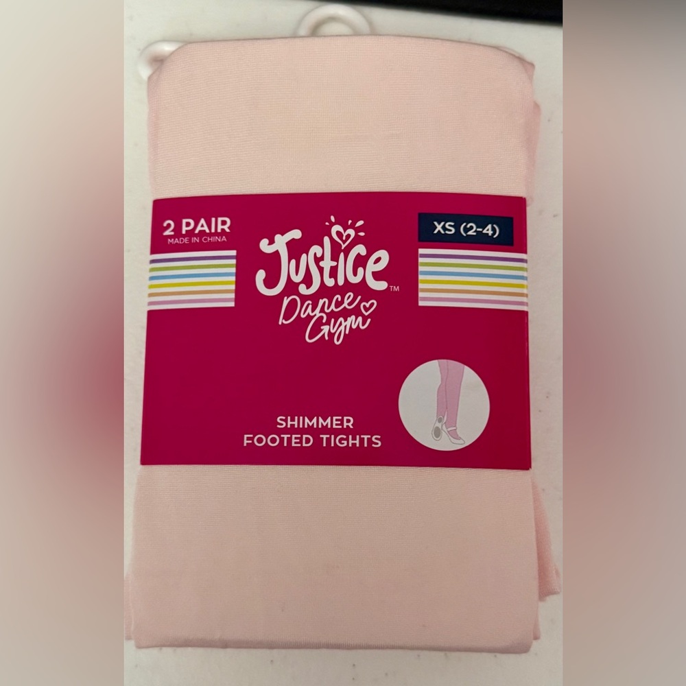 JUSTICE Girls XS Shimmer Footed Tights 2 Pairs Pink SIZE 2-4 NEW